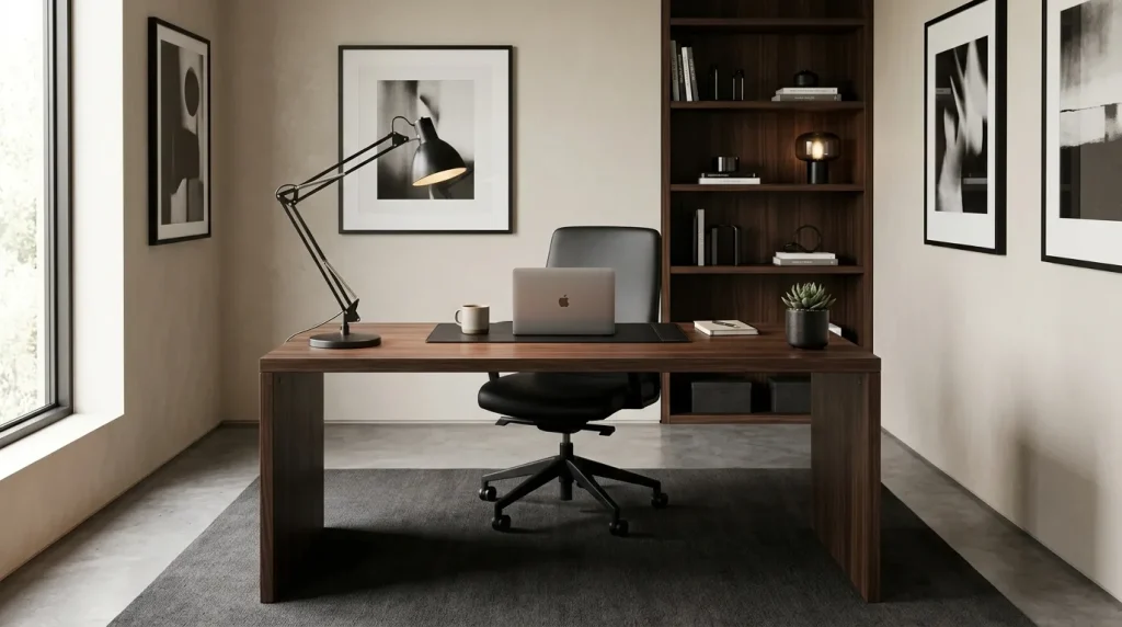 Dark Wood Executive Desk Setup