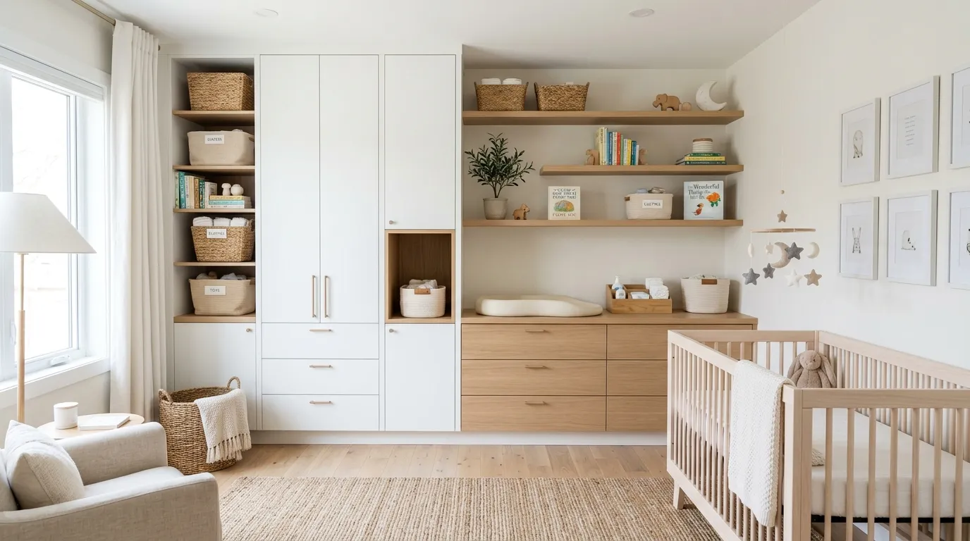 baby girl nursery decor ideas Minimal Storage Solutions
