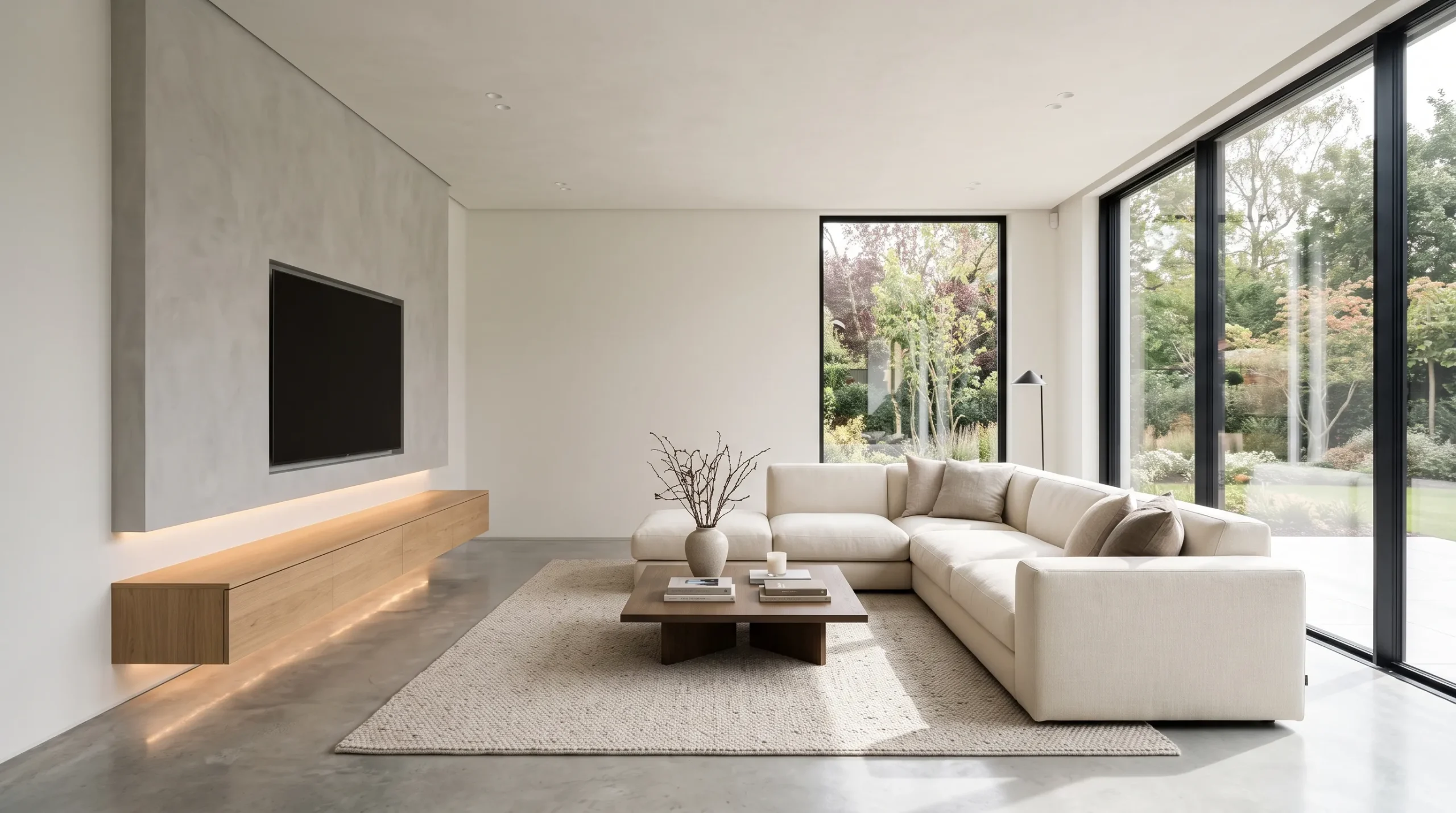 minimalist microcement TV wall