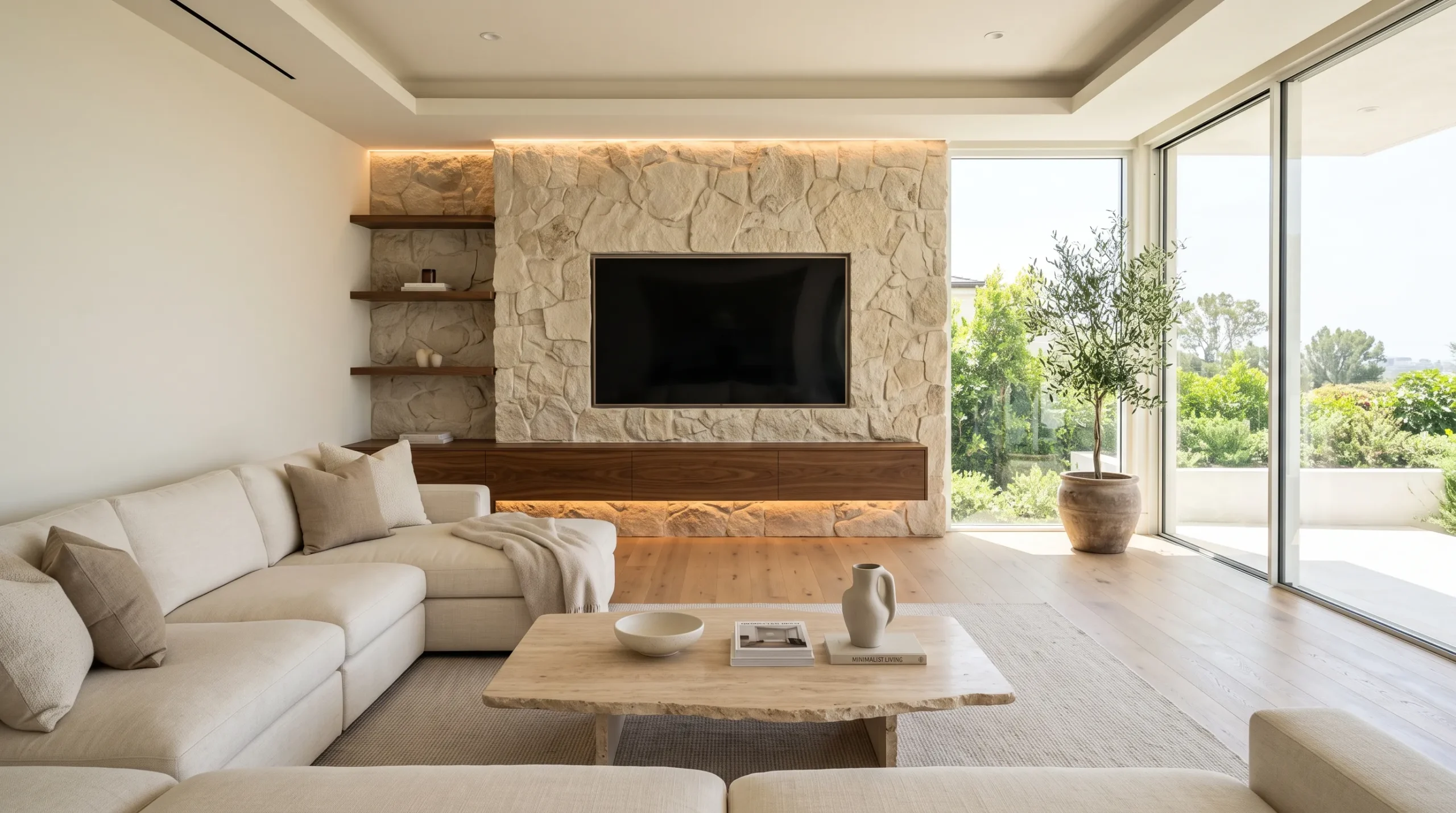 textured stone TV feature wall