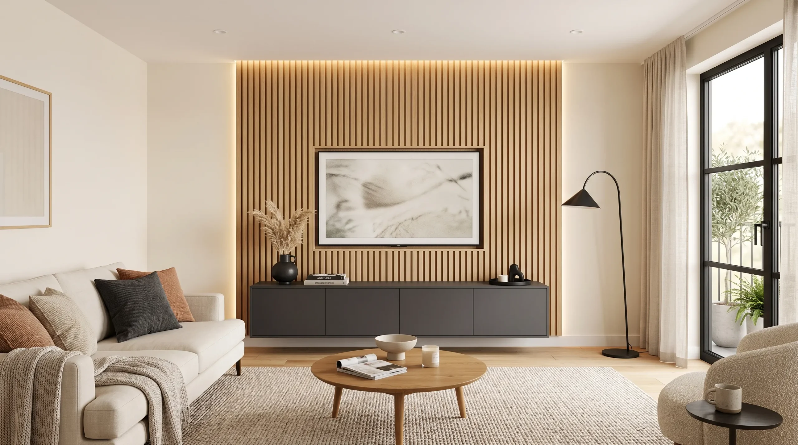modern wood slat TV wall
