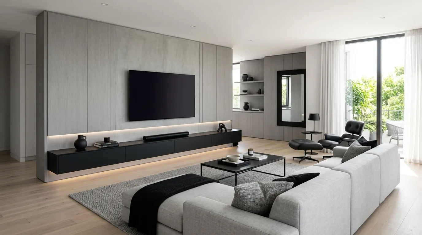 black and grey living room ideas Floating Media Wall