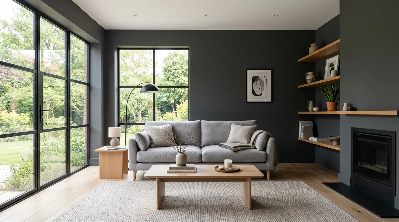 black and grey living room ideas Warm Wood Contrast