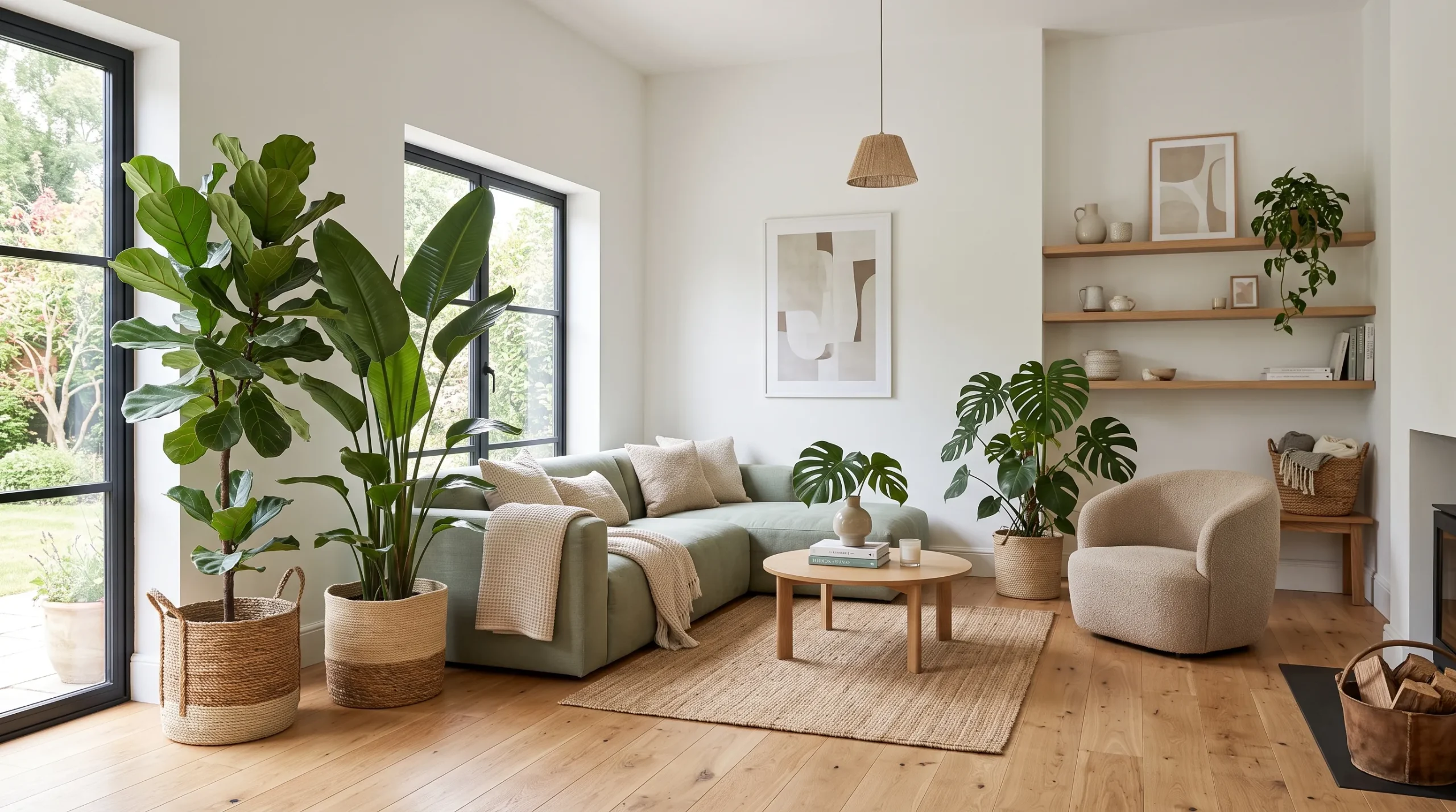 oversized indoor plants in modern neutral room