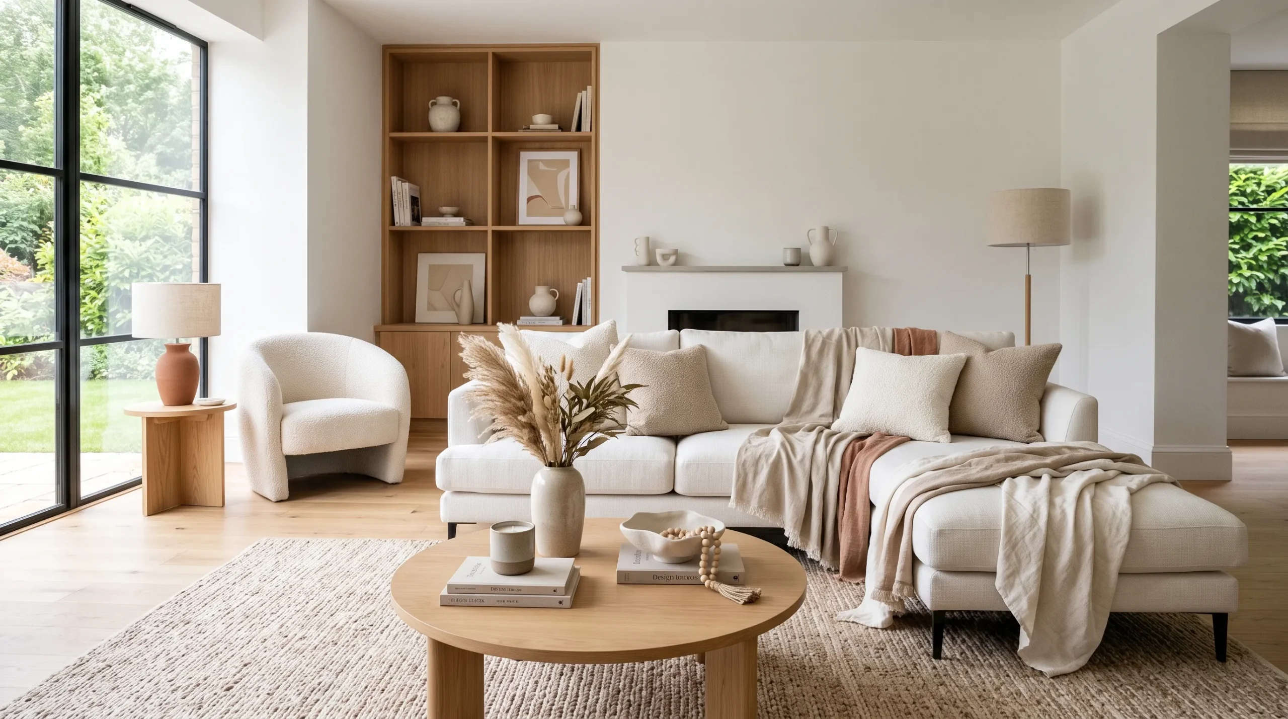 layered neutral textiles on modern sofa