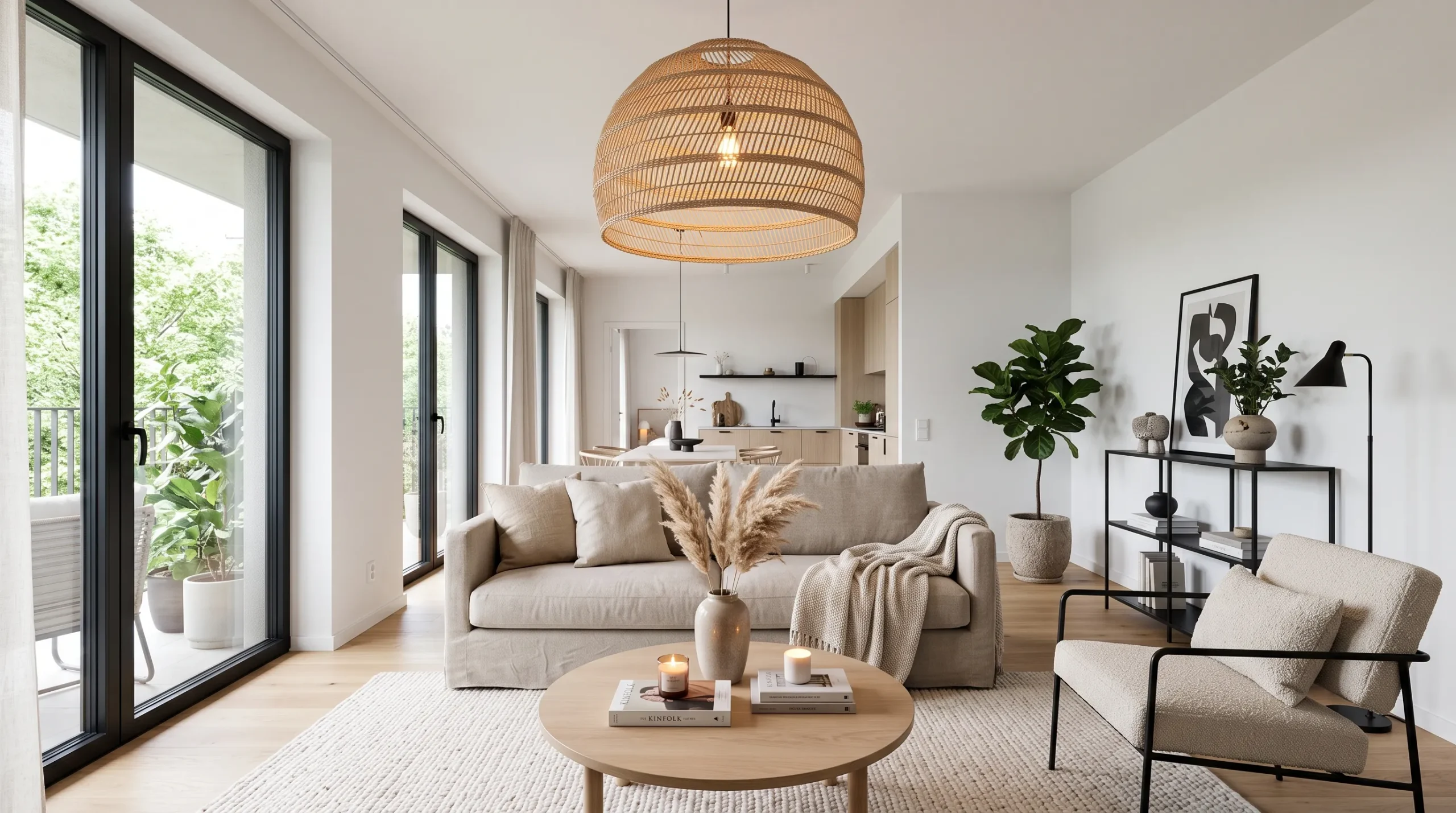oversized woven pendant in modern living room