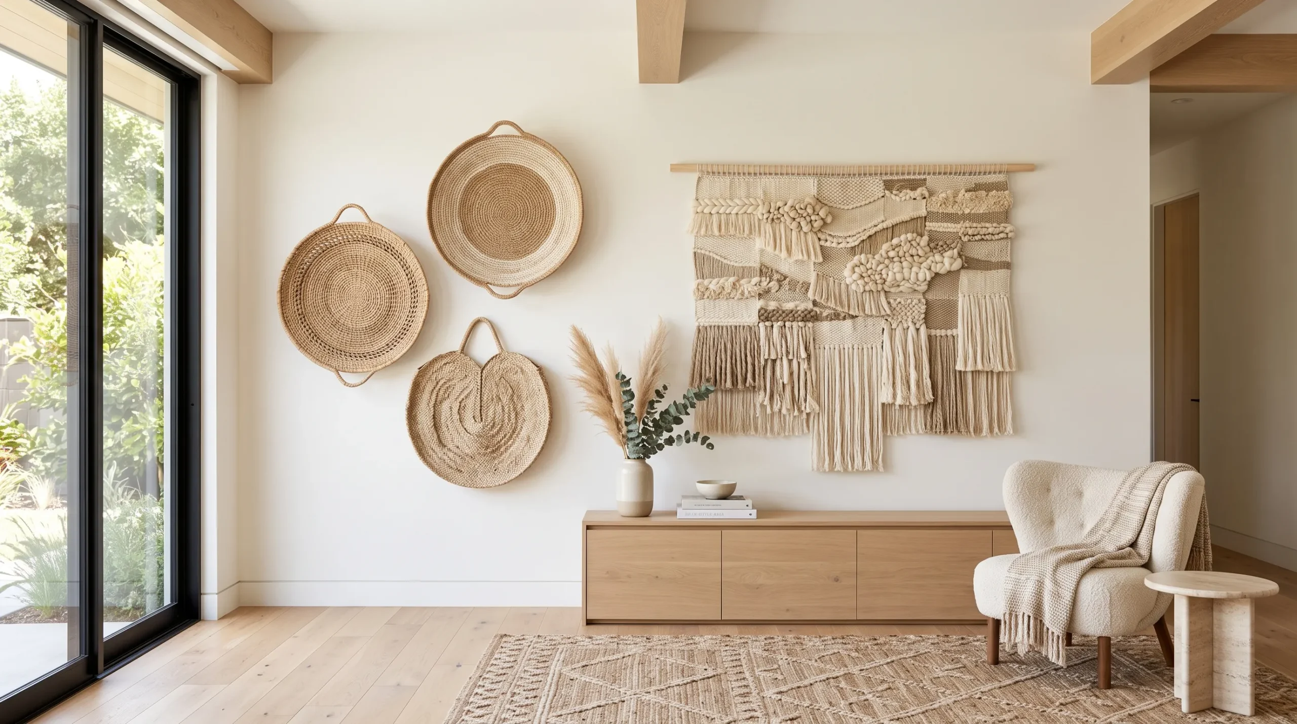 woven wall baskets on neutral feature wall