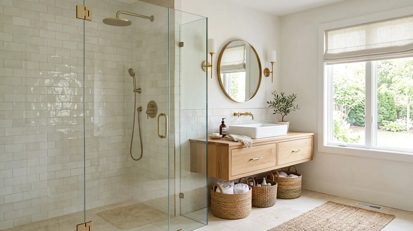 ivory zellige shower with brass accents