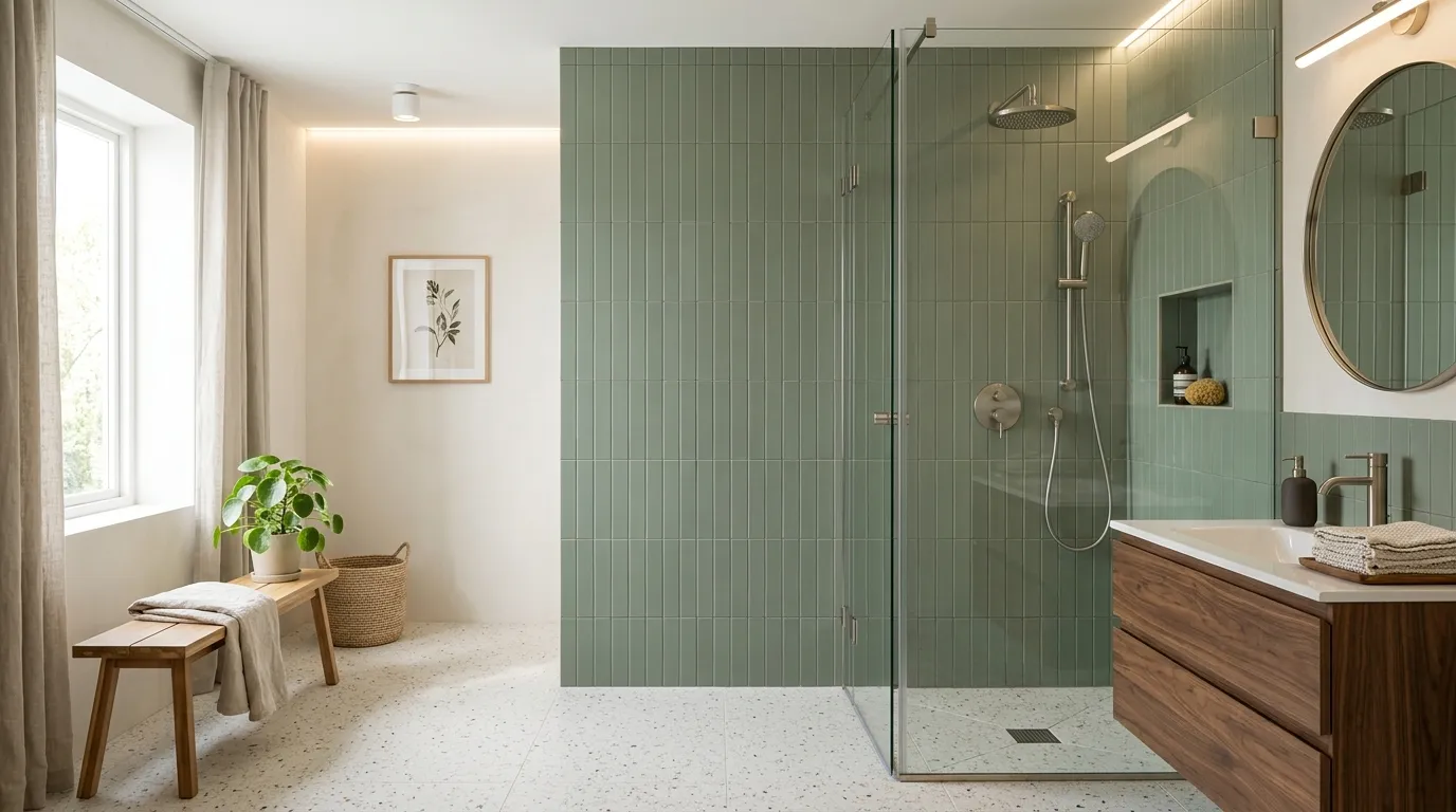 vertical sage shower tile design