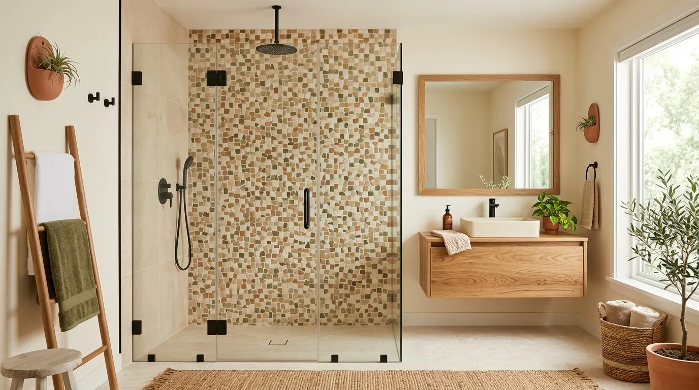 earthy mosaic boho shower feature wall