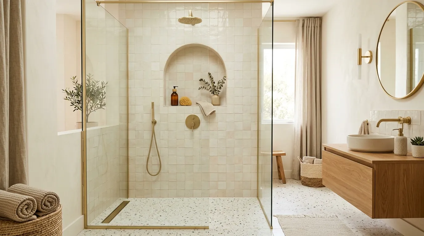arched shower niche with boho tiles