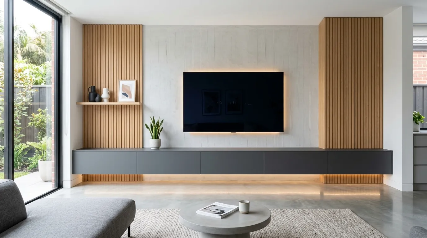 sleek entertainment wall with floating cabinets