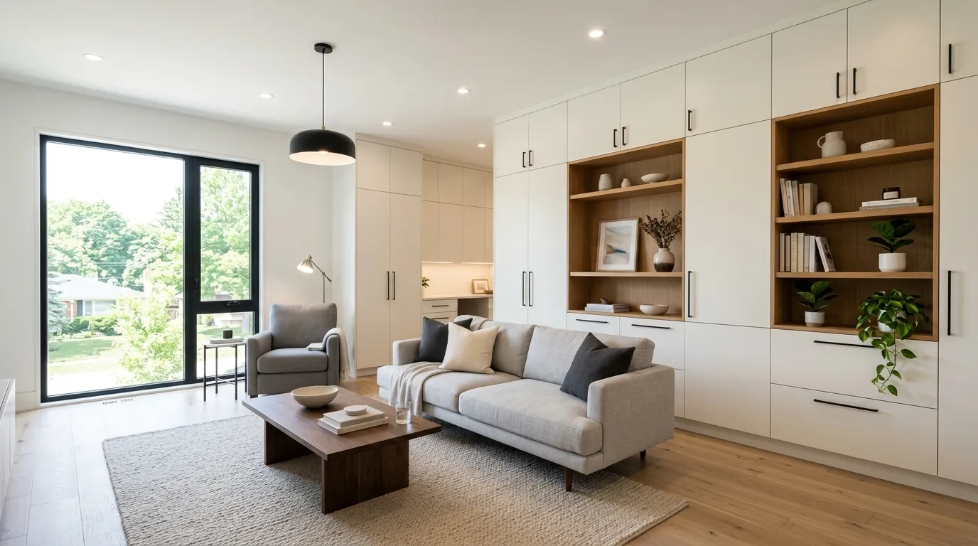 modern built-in cabinets with open shelves