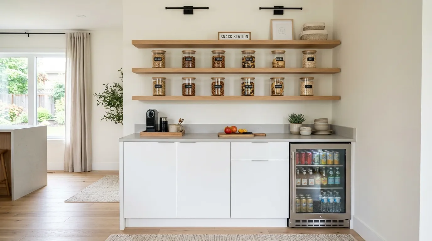 modern snack station with beverage fridge