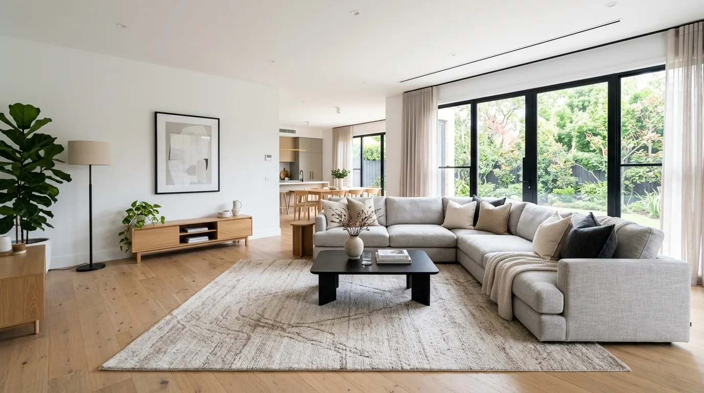 large neutral rug in modern room