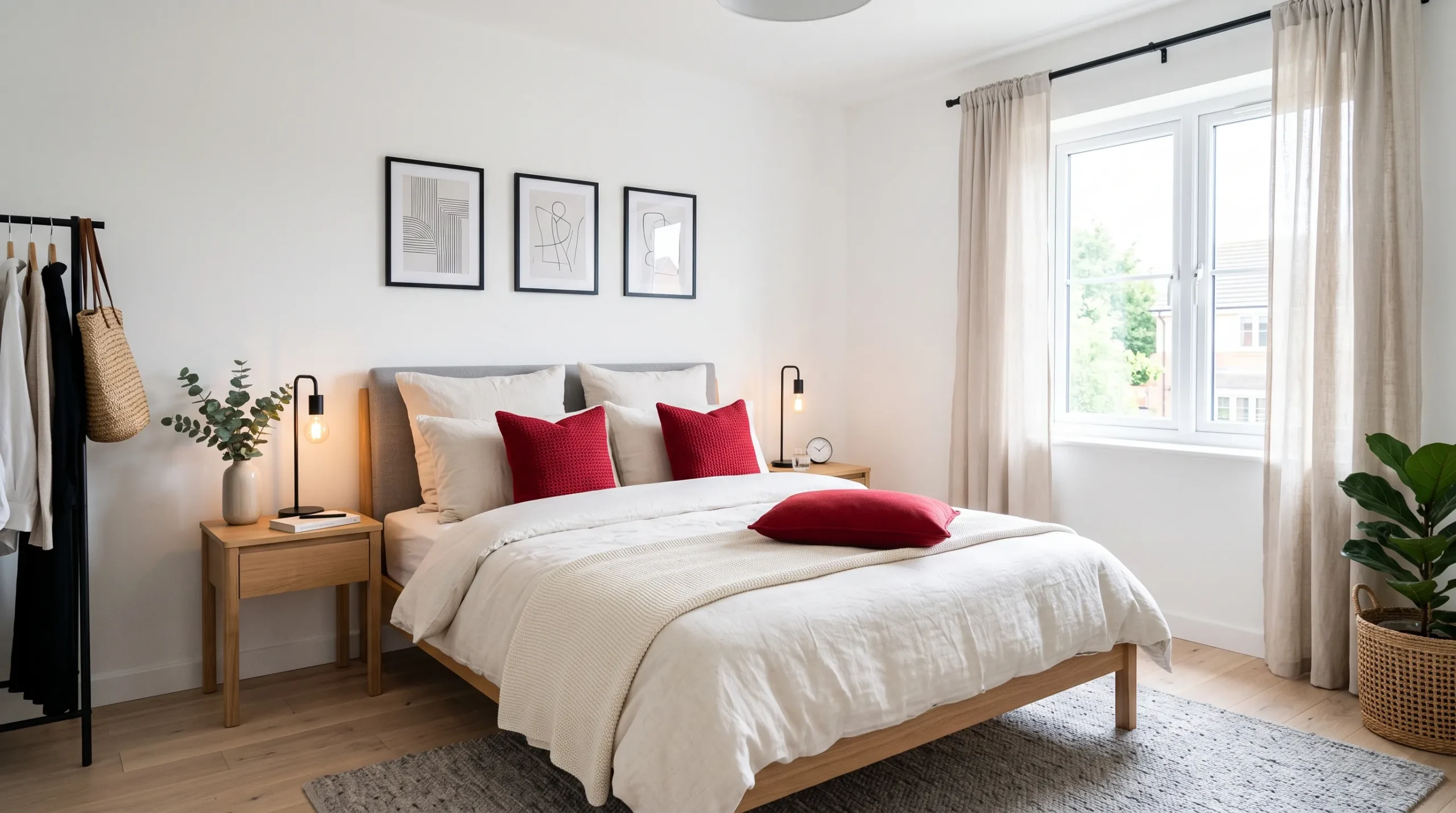 bedroom with black accents and cherry red decor