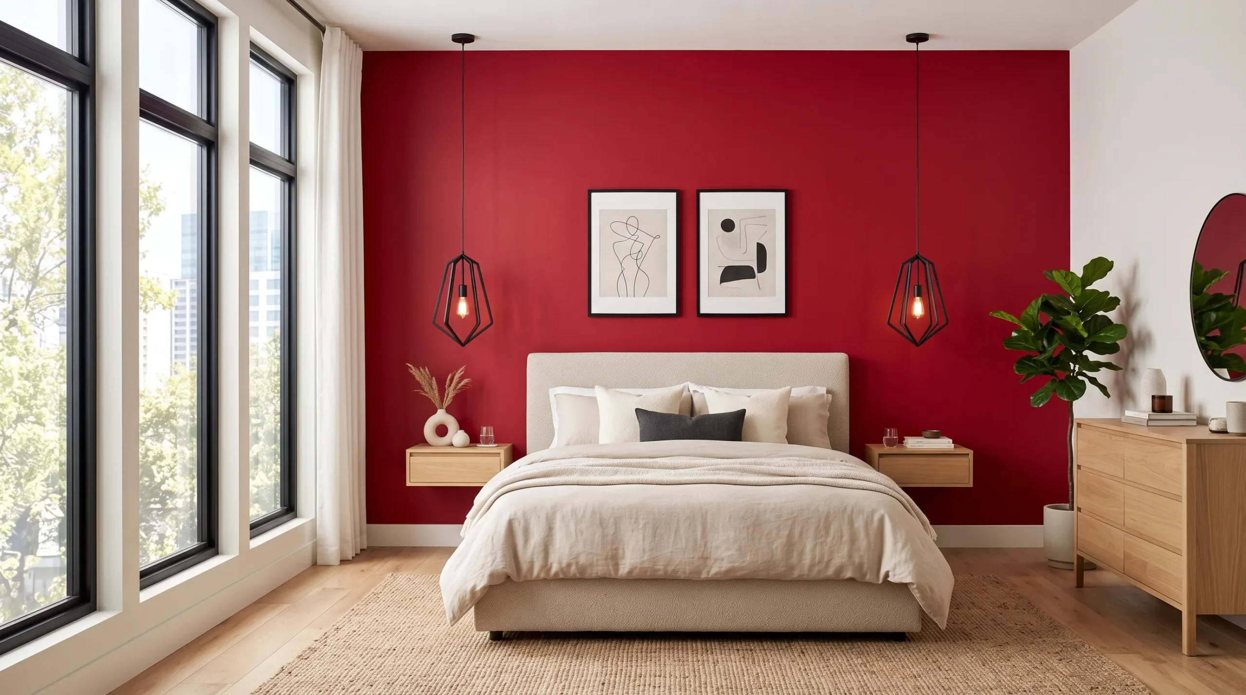 modern bedroom with cherry red accent wall