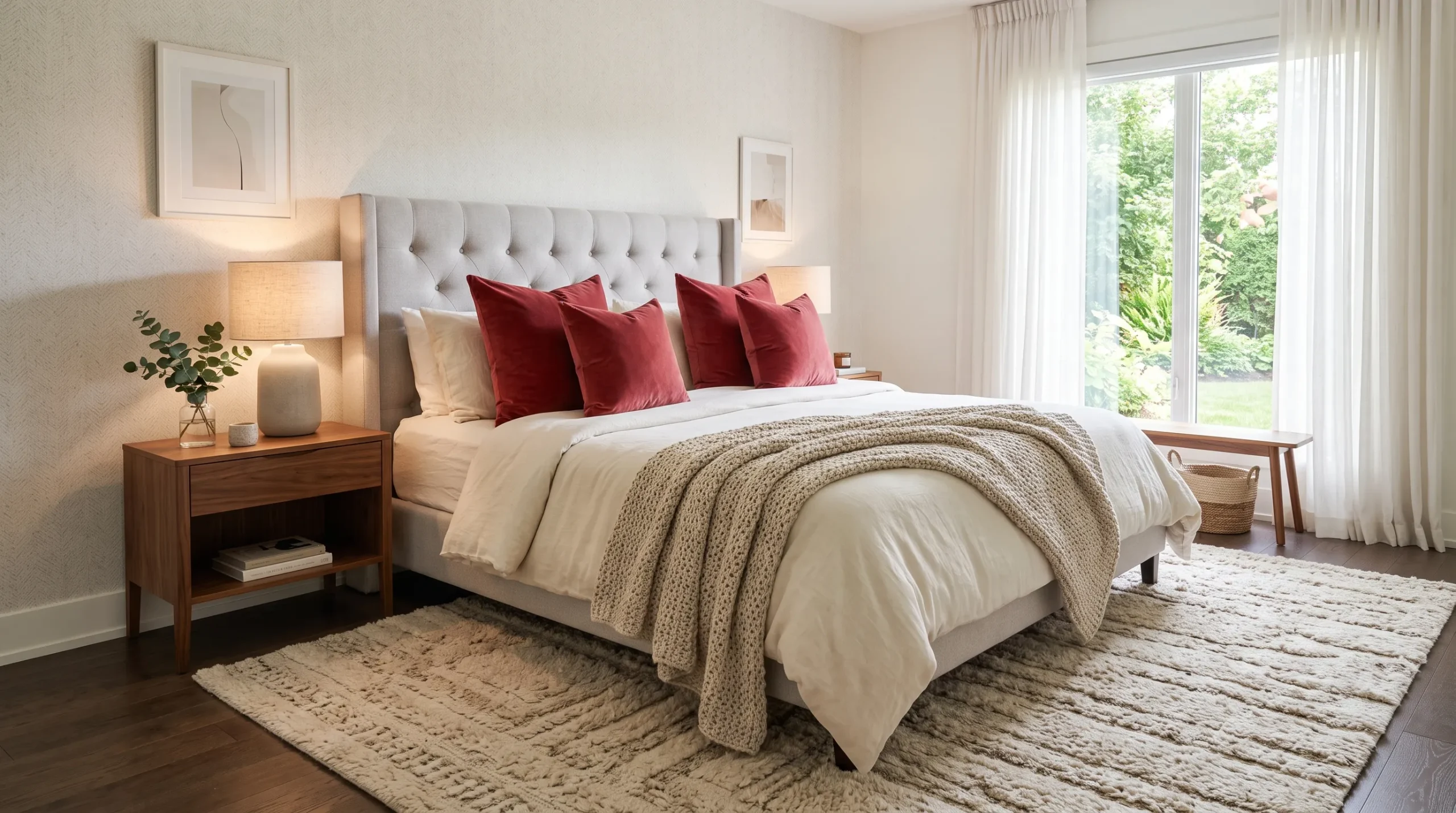 cozy bedroom with cherry red layered textiles