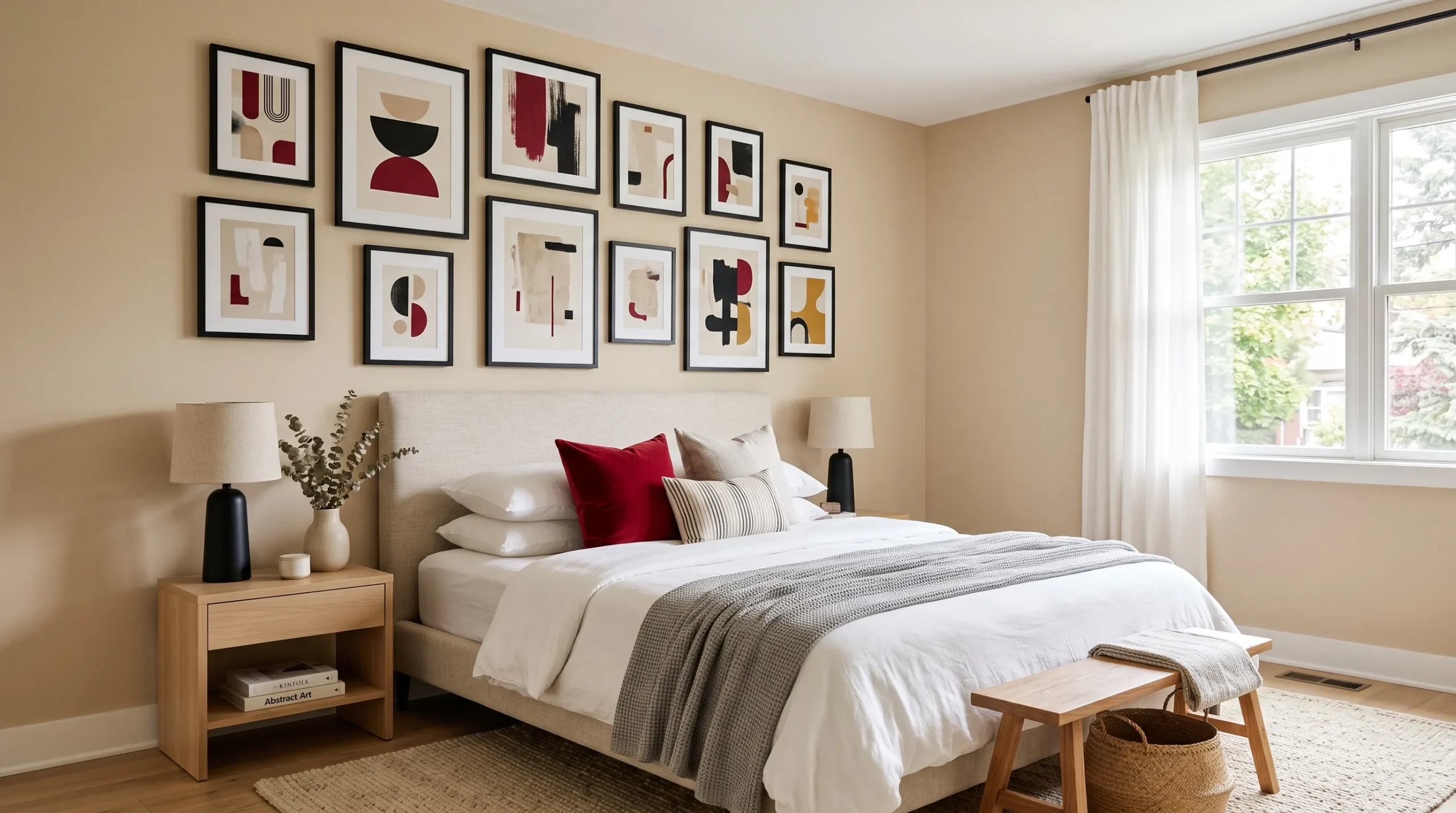 minimalist gallery wall with cherry red artwork