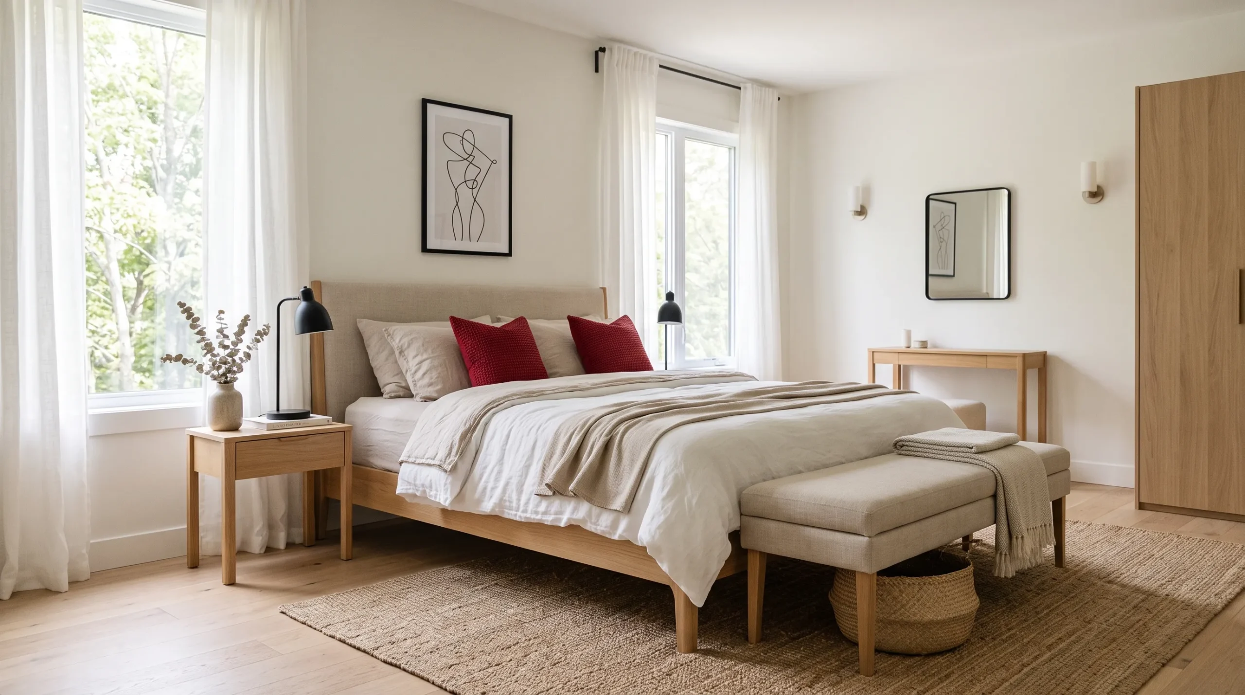 neutral bedroom with cherry red accents