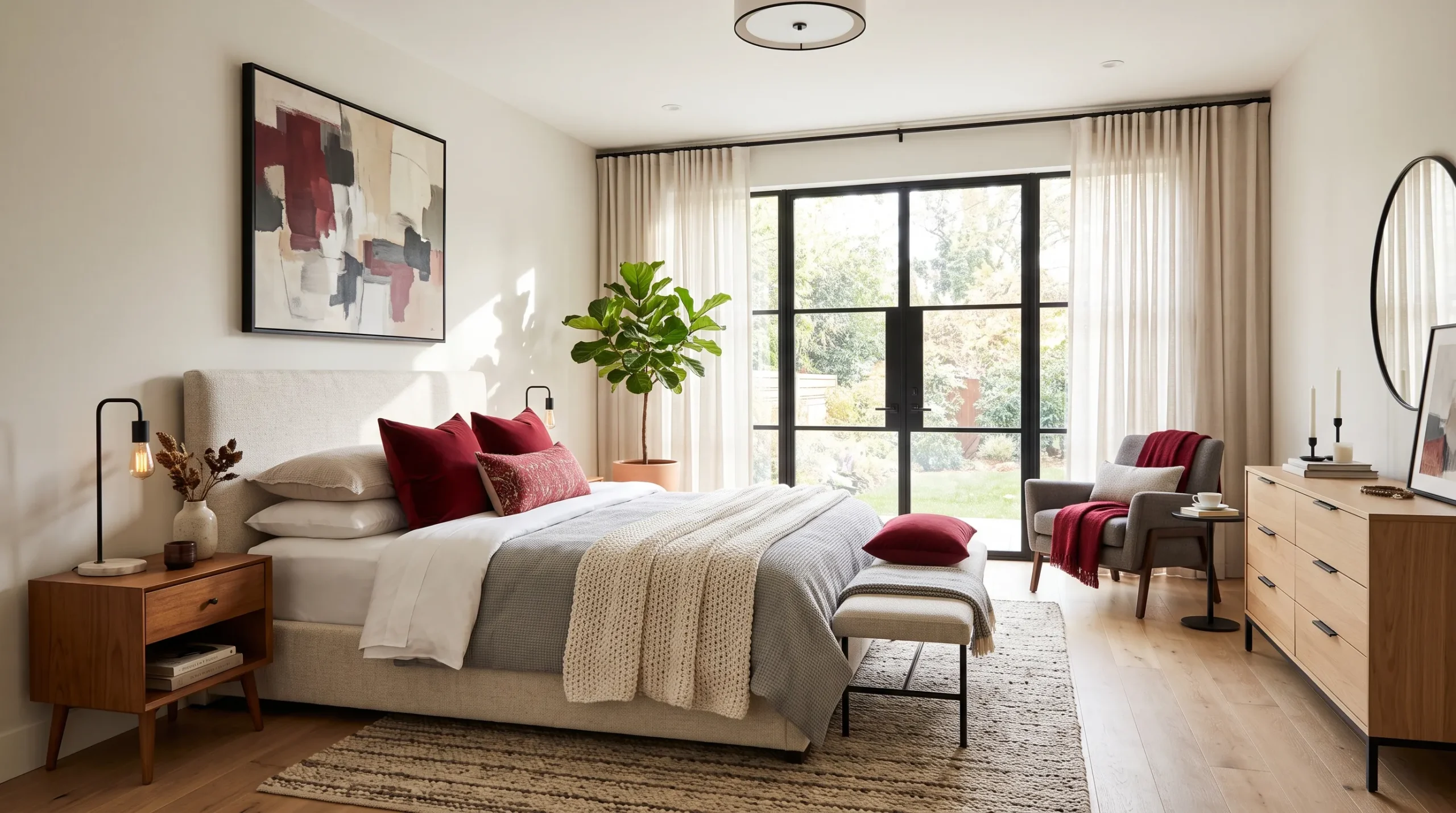 modern cherry red bedroom with luxe accents