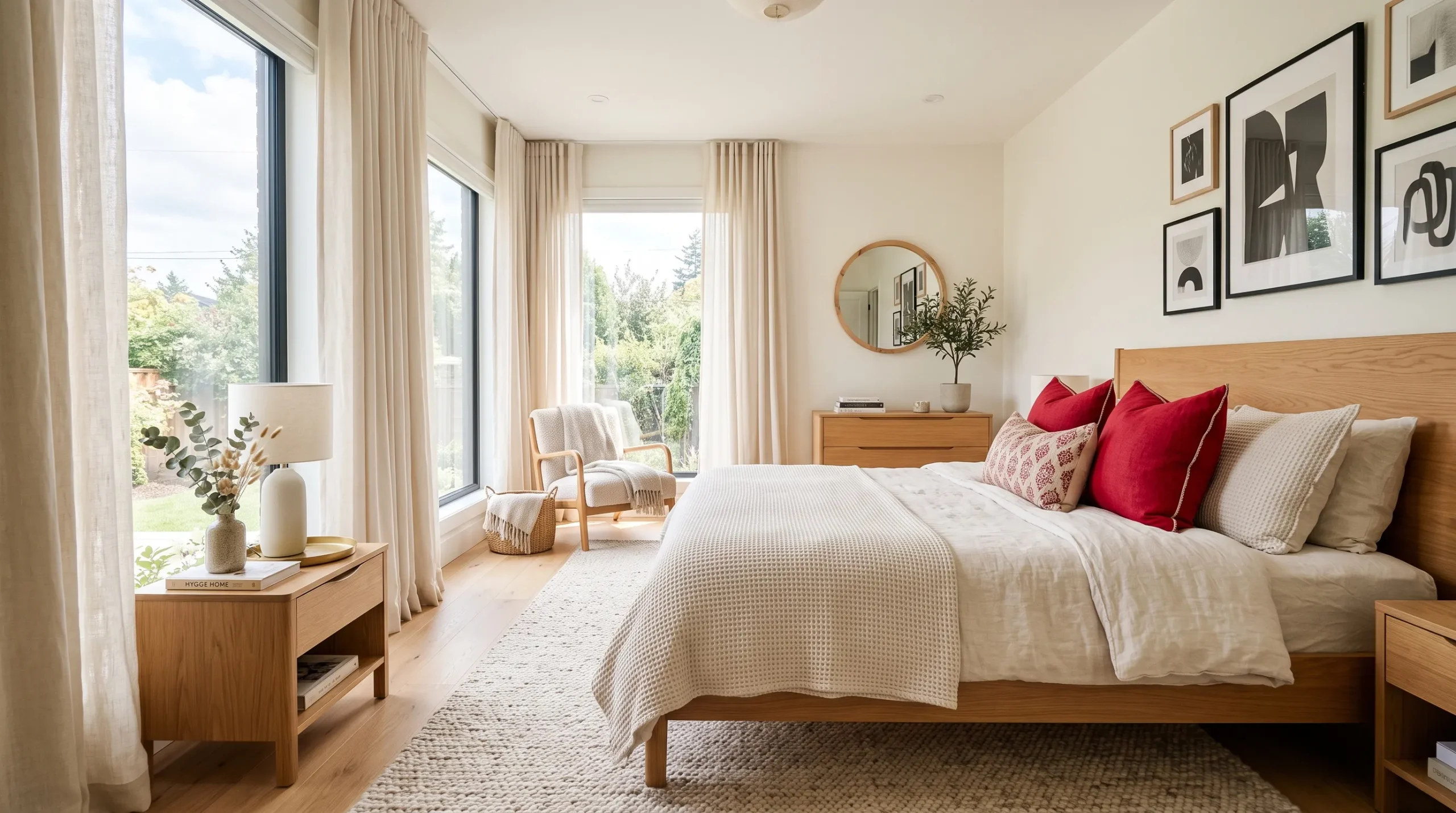 cream curtains with cherry red bedroom accents