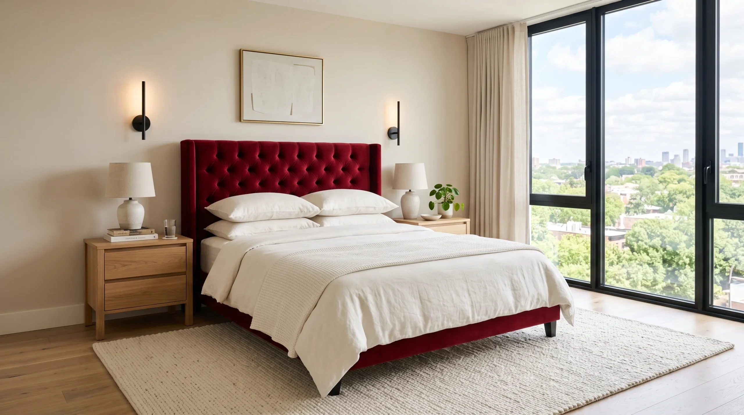 cherry red velvet upholstered headboard