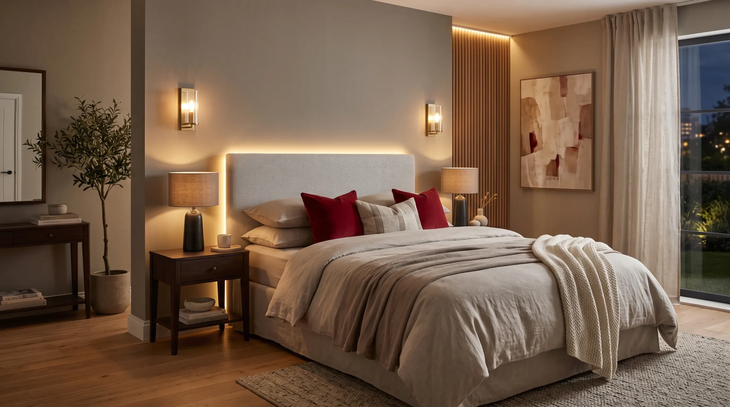 cozy bedroom with layered warm lighting