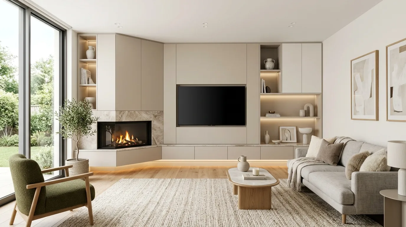 floating media wall with corner fireplace