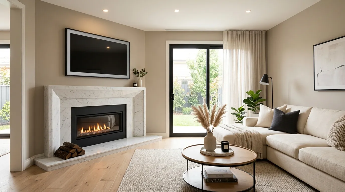 marble corner fireplace below modern TV