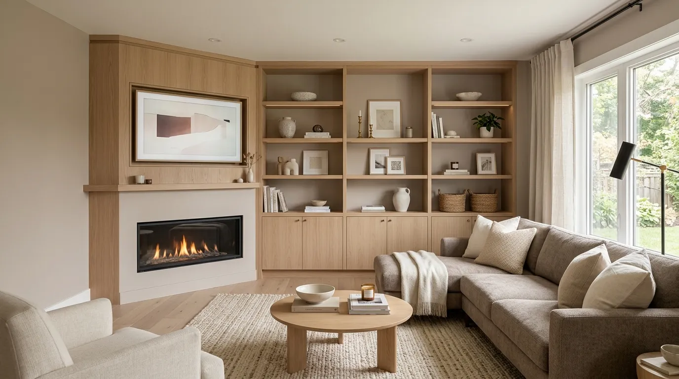 built in shelves around corner fireplace
