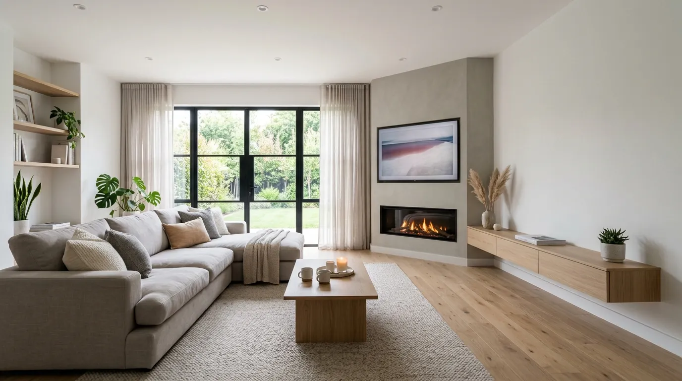 slim electric fireplace beneath modern television
