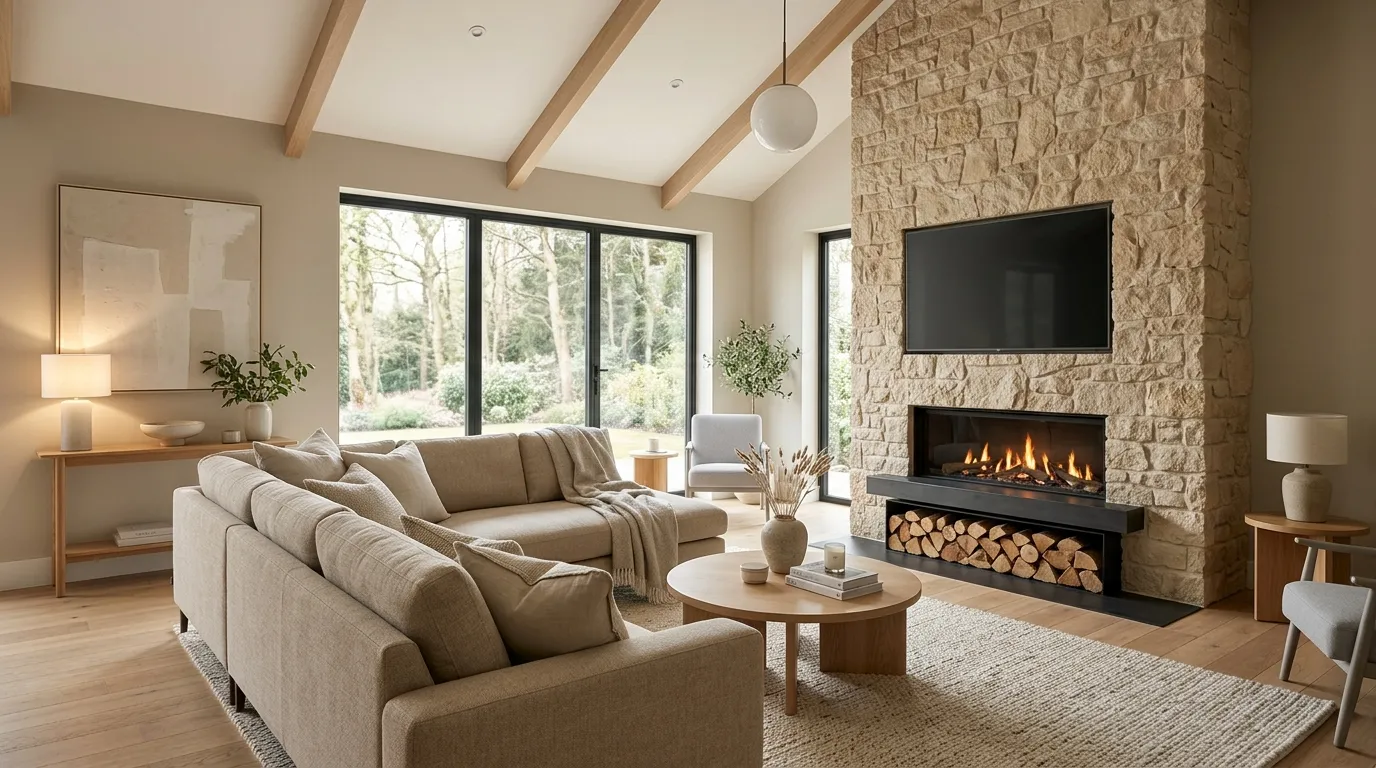 tall stone fireplace with mounted television
