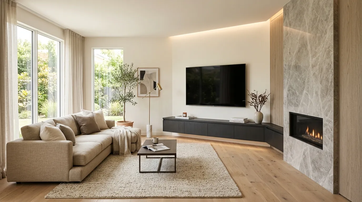 floating corner console beside fireplace