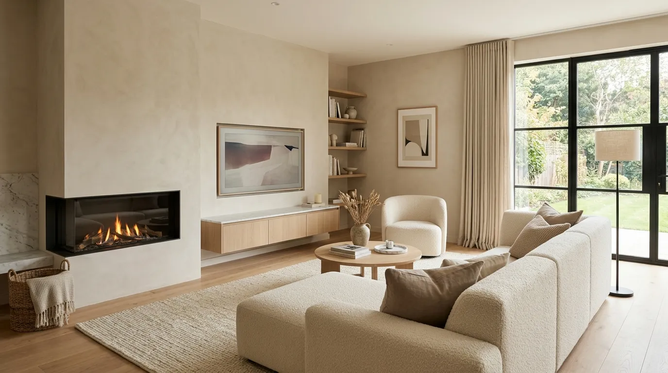 neutral family room with corner fireplace