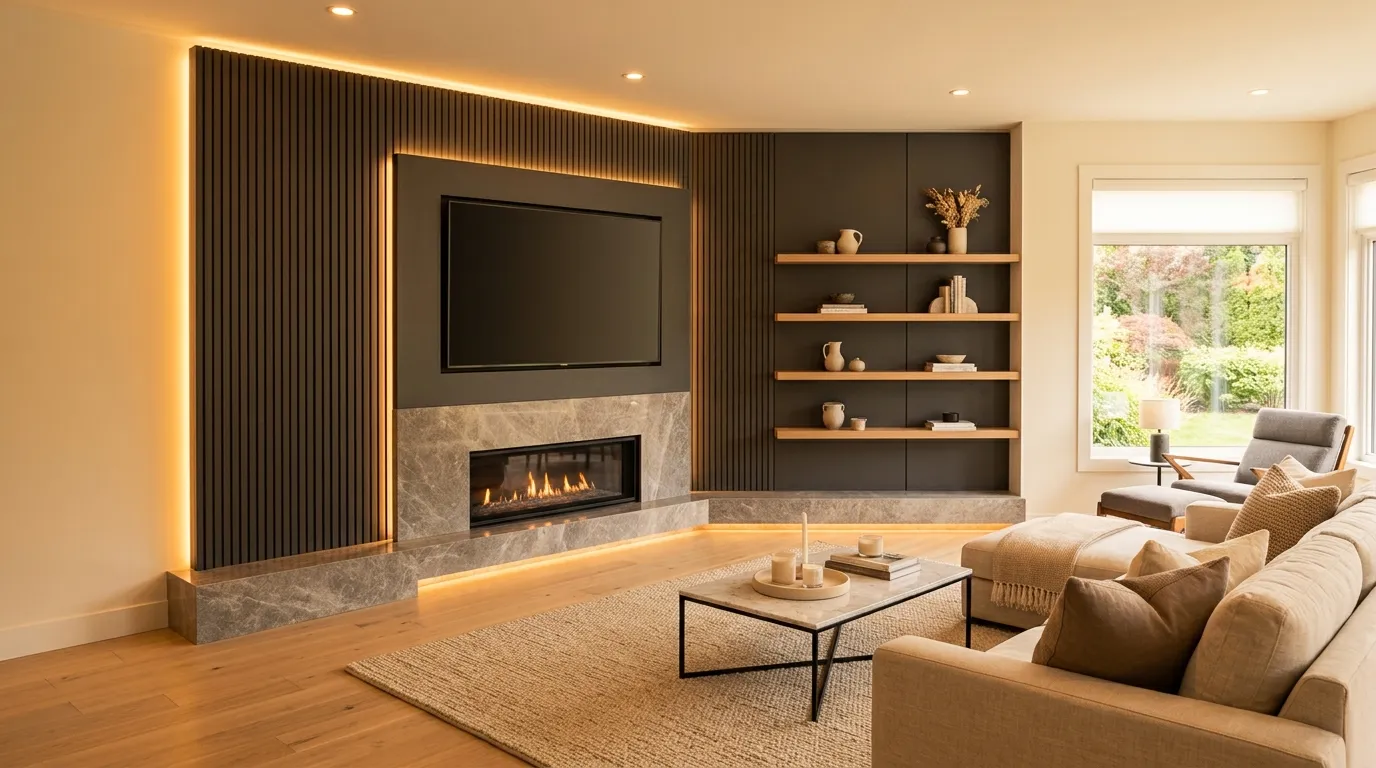 LED lighting around corner fireplace wall