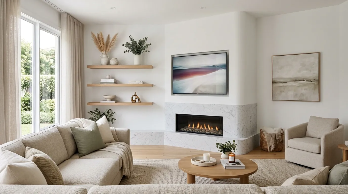 floating shelves beside modern fireplace