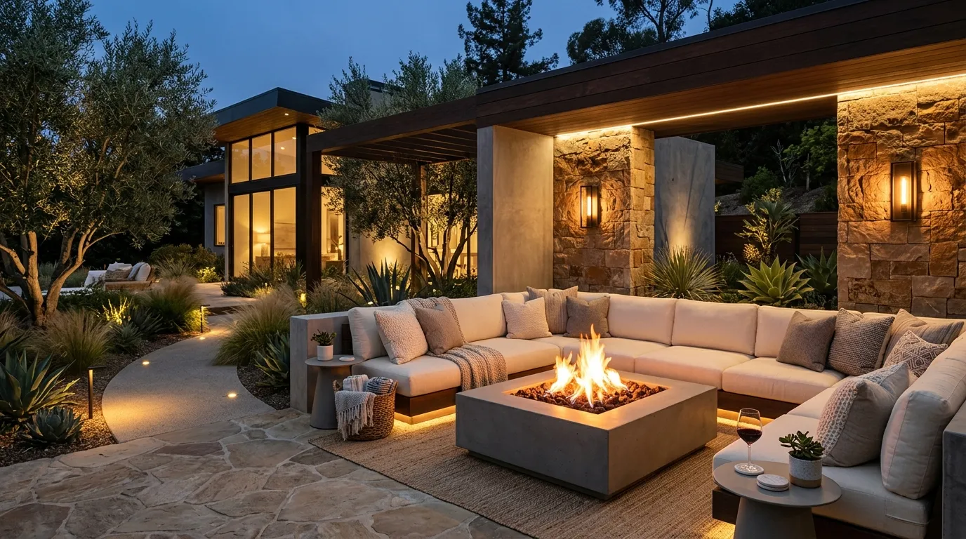 cozy fire pit ideas Layered Outdoor Lighting