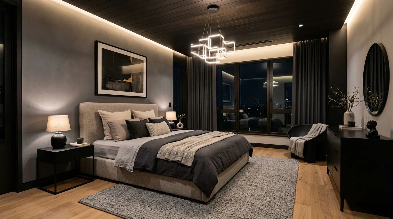 dark colour bedroom Statement Ceiling Design