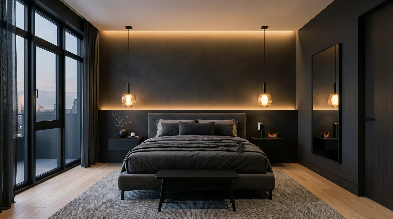 dark colour bedroom Warm Ambient Lighting