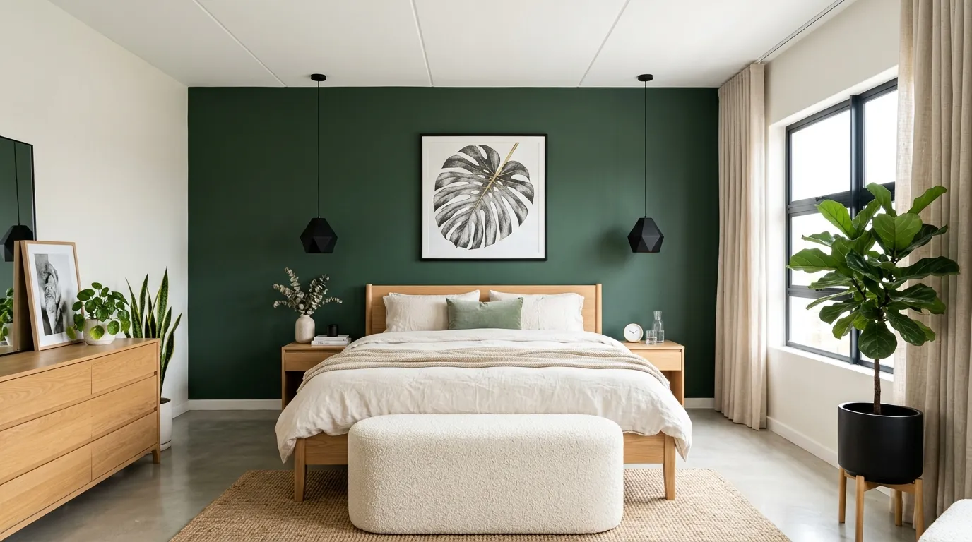 modern green accent wall bedroom