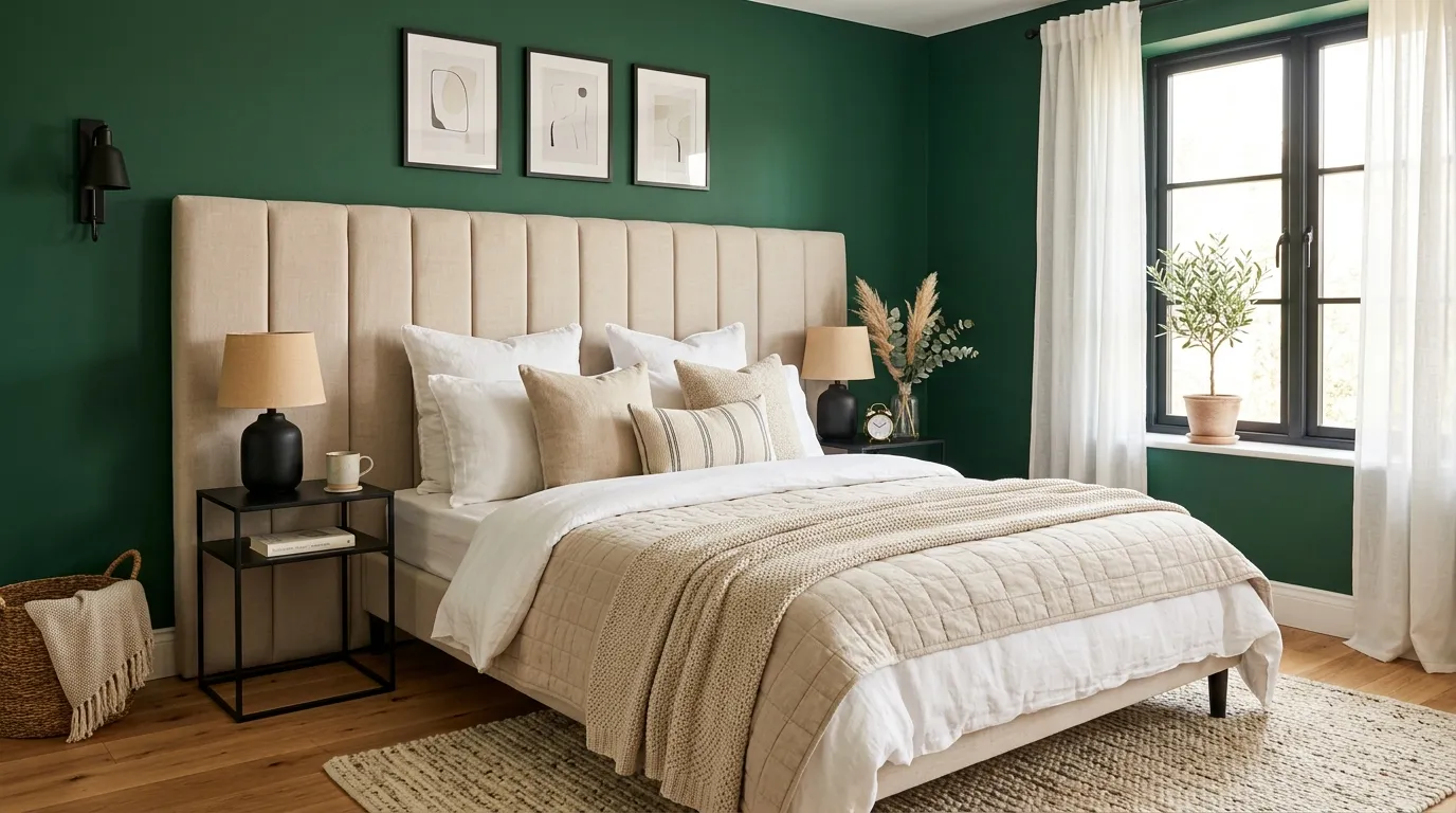 layered neutral bedding with green walls