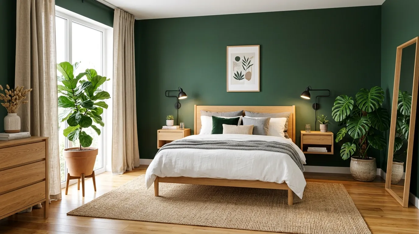 light wood furniture in green bedroom