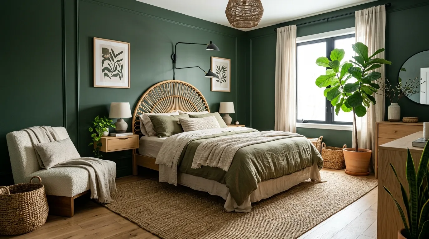 woven textures in modern green bedroom
