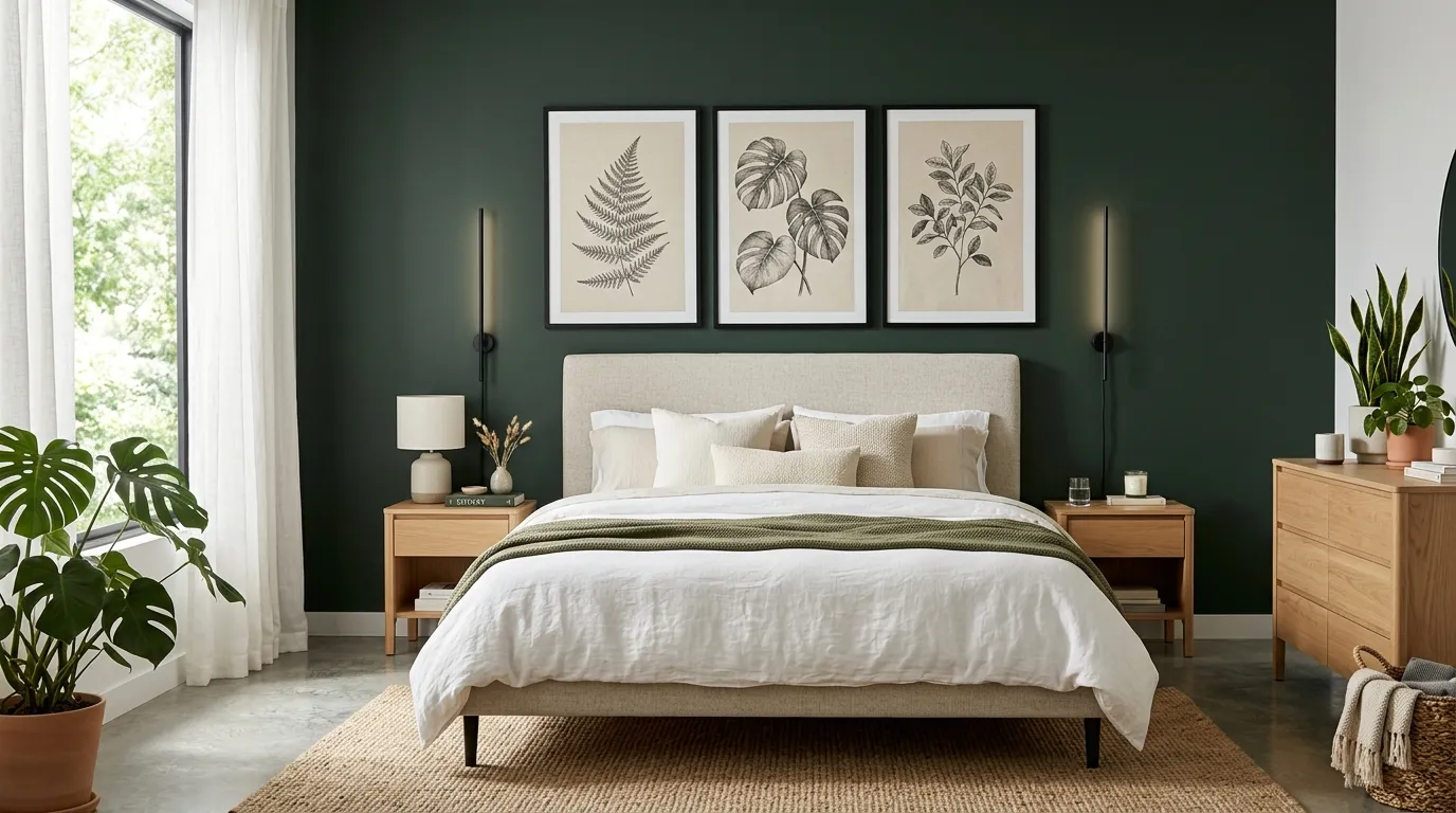 oversized botanical artwork above modern bed