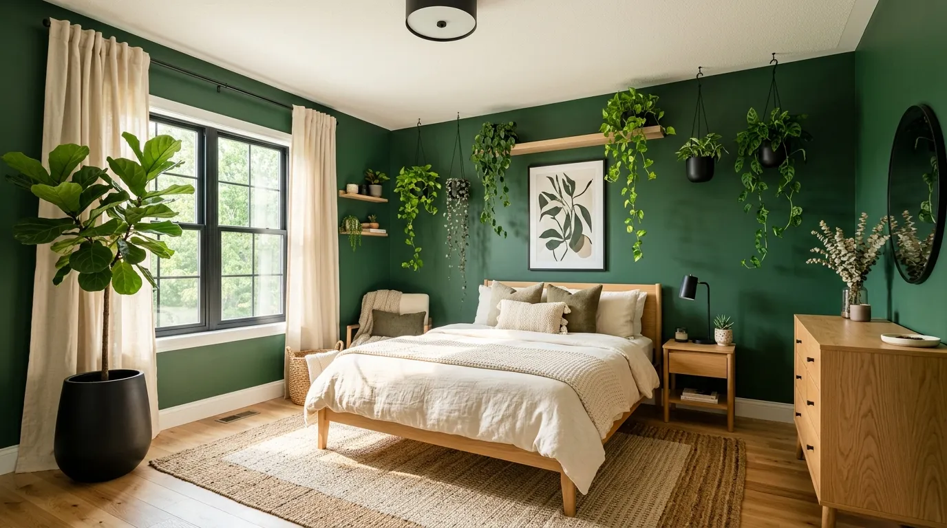 indoor plants in modern green bedroom