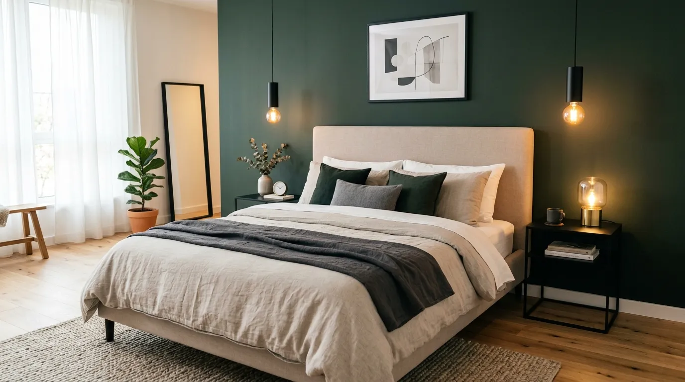 matte black accents in green bedroom