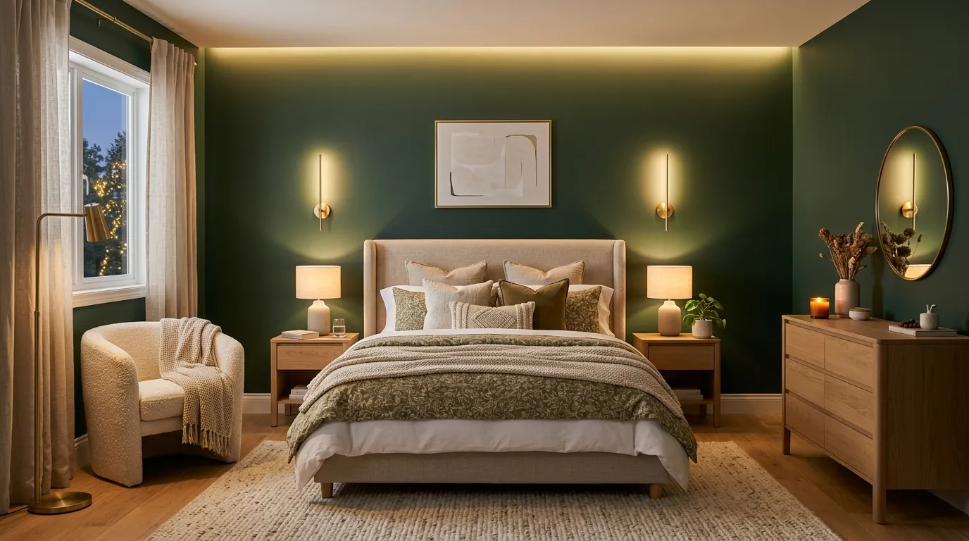 warm ambient lighting green bedroom