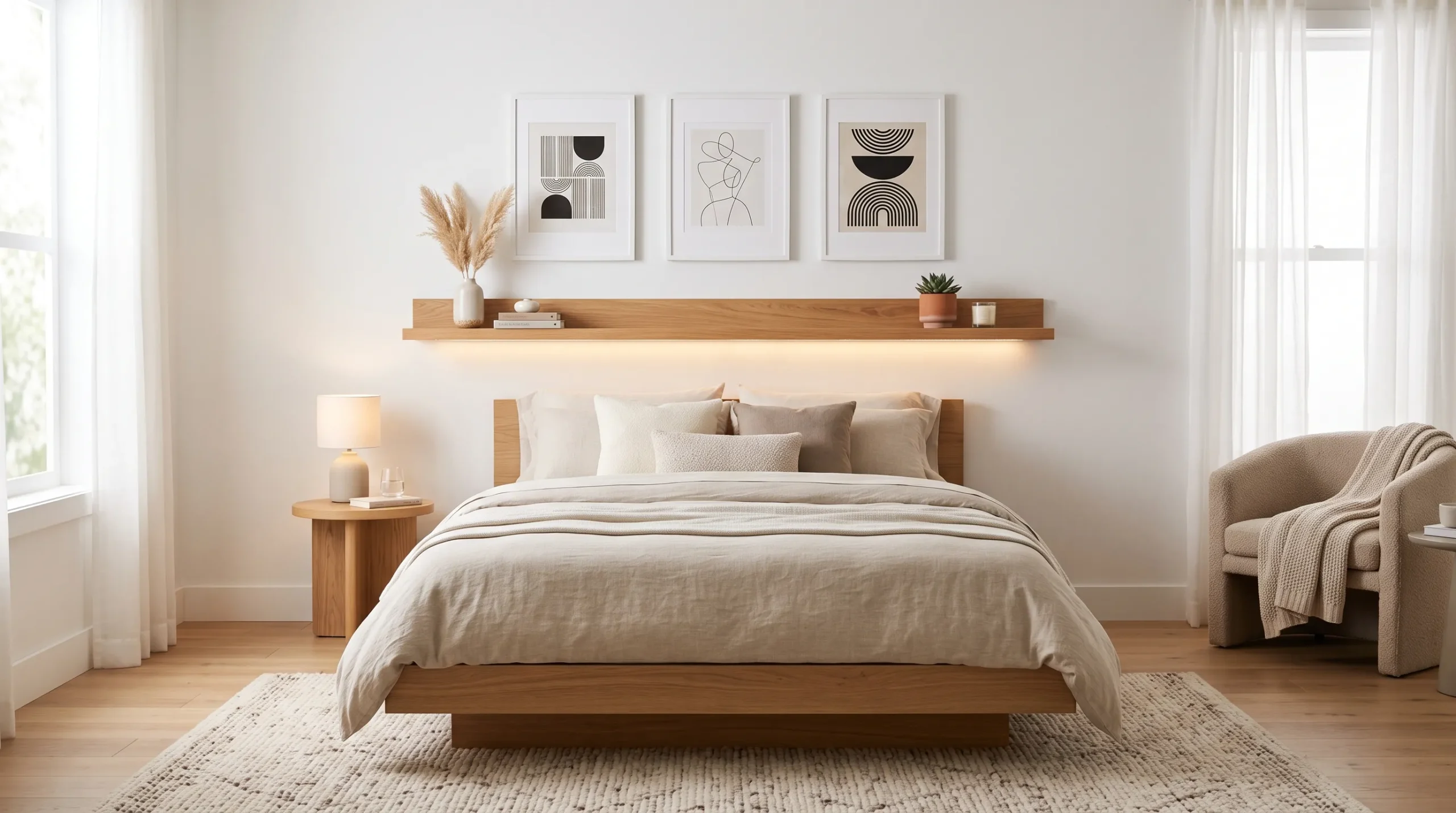 floating shelf modern headboard setup