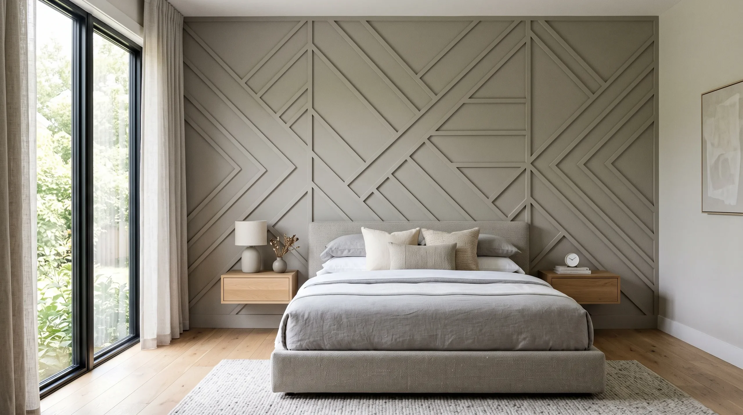 geometric wall trim headboard feature